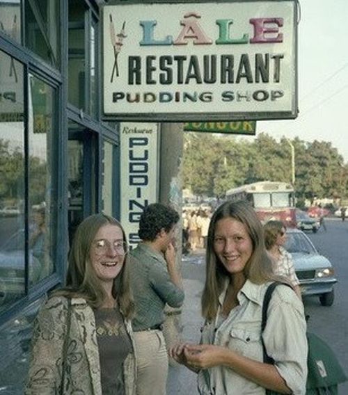 Hippies gathered at the Pudding Shop in Istanbul, early 1970s